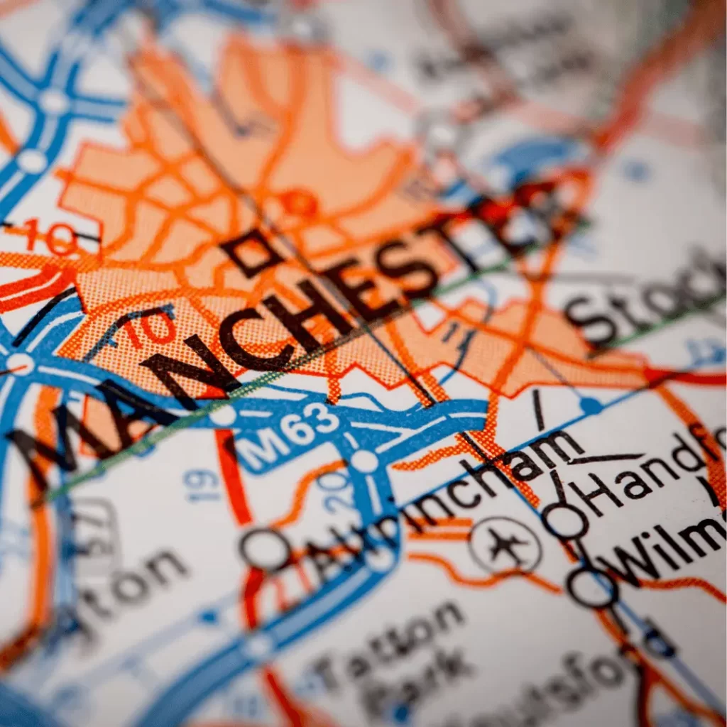 Map of Manchester featuring Stockport, Knutsford, Handforth and Wilmslow where many of our candidates are based