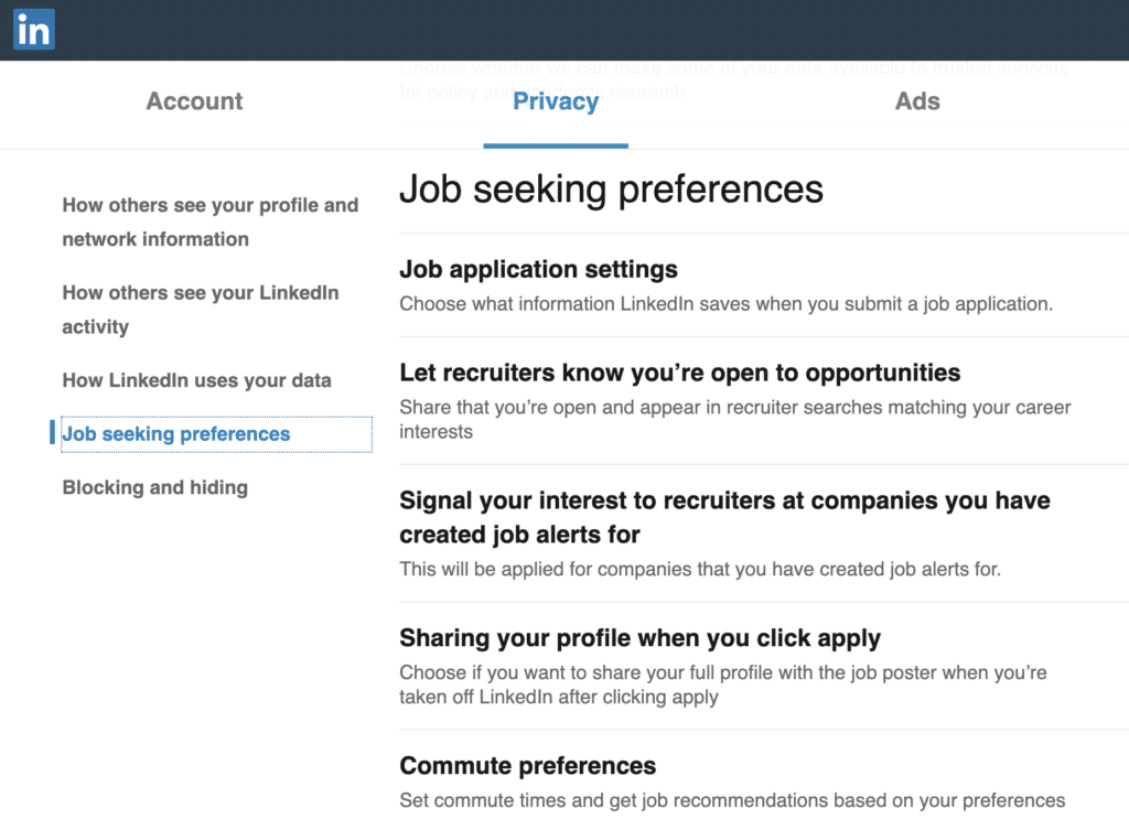 Screenshot of LinkedIn profile preferences that enable you to be headhunted by recruiters