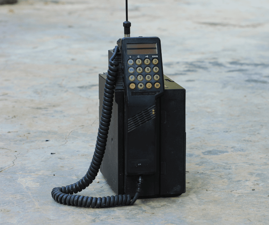 A mobile phone from the 1980s complete with brick-like carry case!