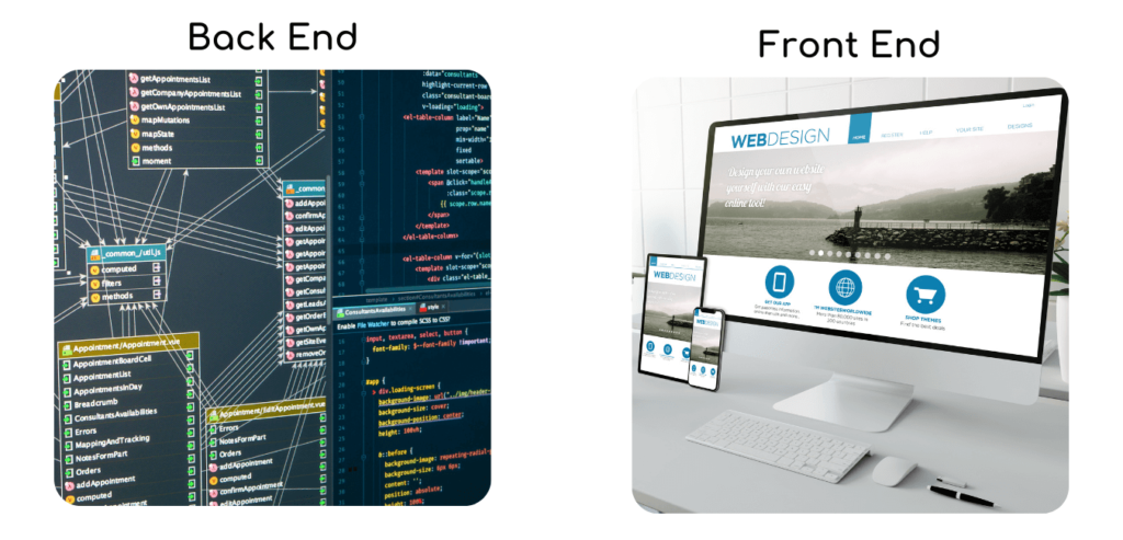 Two visuals explaining the difference between front and back end development