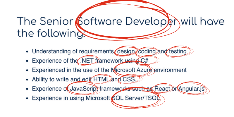 Excerpt from a job advert with all the keywords circled that should appear in your CV