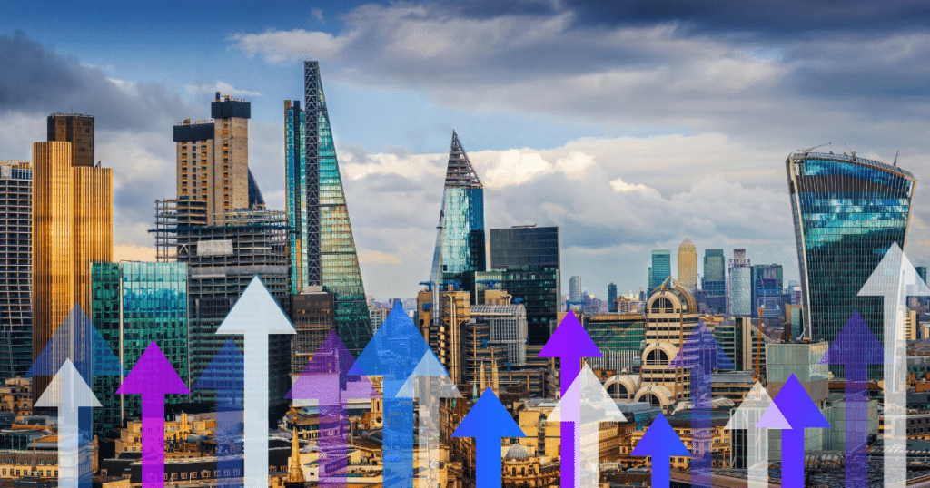 At the front, vertical arrows of different colours and lengths to symbolise growth over a background of the City of London