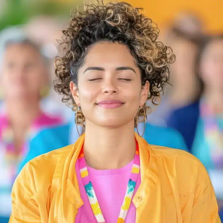 A female recruitment consultant with curly hair and bright clothes is feeling happy and resilient